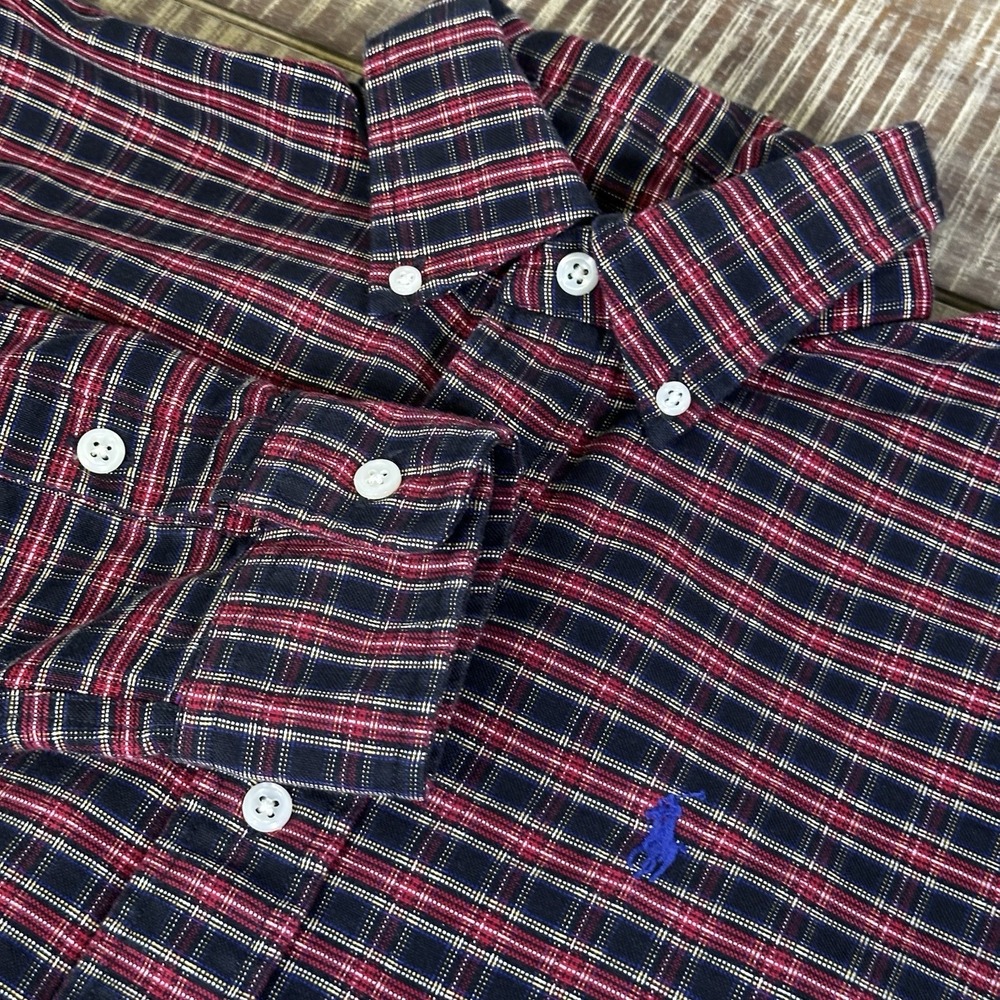 Ralph Lauren Polo Mens Lg Red Black Plaid Long Sleeve Button Down Blue Pony Logo